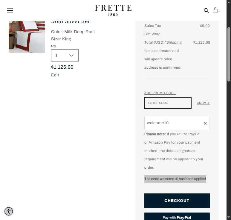Frette checkout page showing Frette coupon code box | Screenshot taken by SimplyCodes community member on Nov 30, 2025