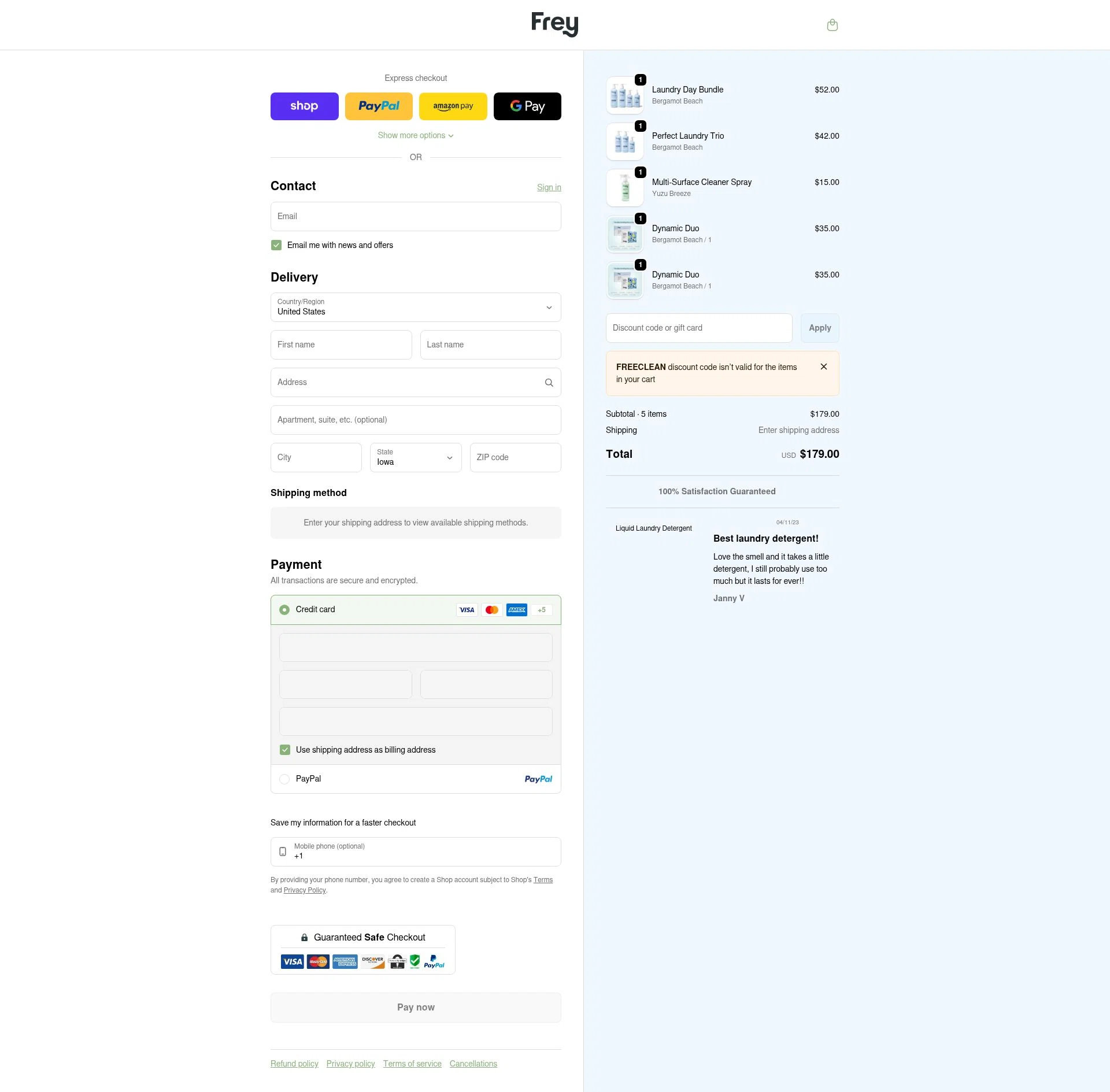 Frey checkout page showing Frey discount code box | Screenshot taken by SimplyCodes community member on Feb 1, 2026