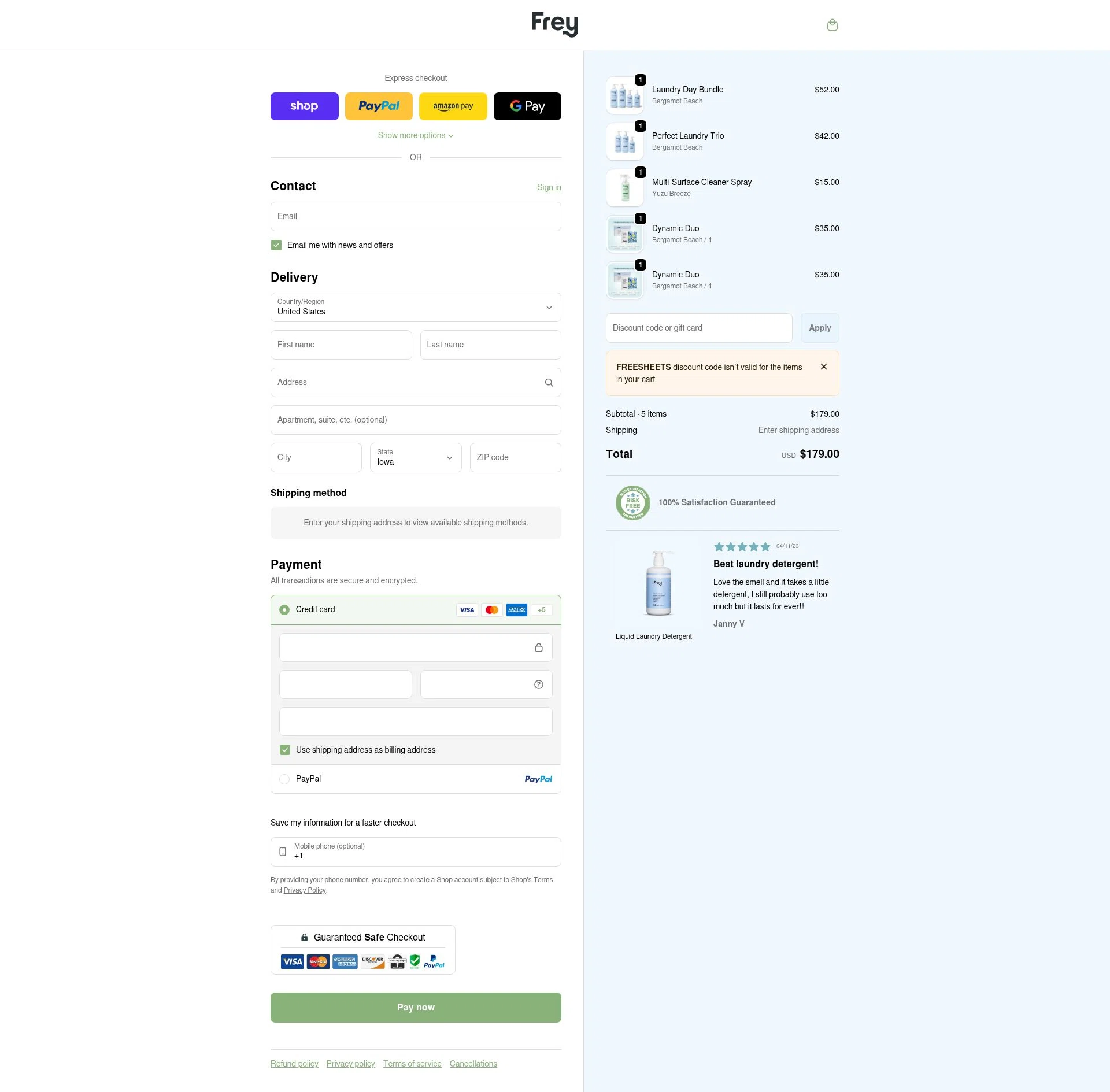 Frey checkout page showing Frey discount code box | Screenshot taken by SimplyCodes community member on Feb 1, 2026