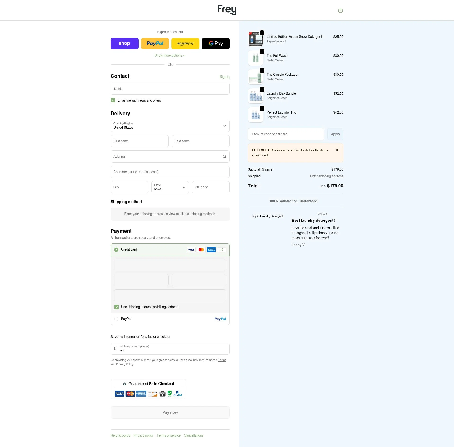 Frey checkout page showing Frey discount code box | Screenshot taken by SimplyCodes community member on Feb 5, 2026