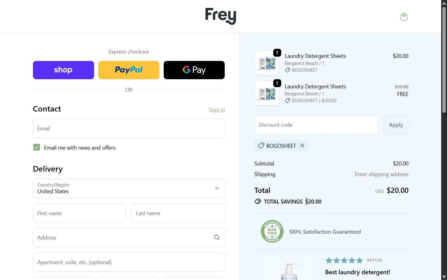 Frey checkout page showing Frey discount code box | Screenshot taken by SimplyCodes community member on Feb 6, 2026