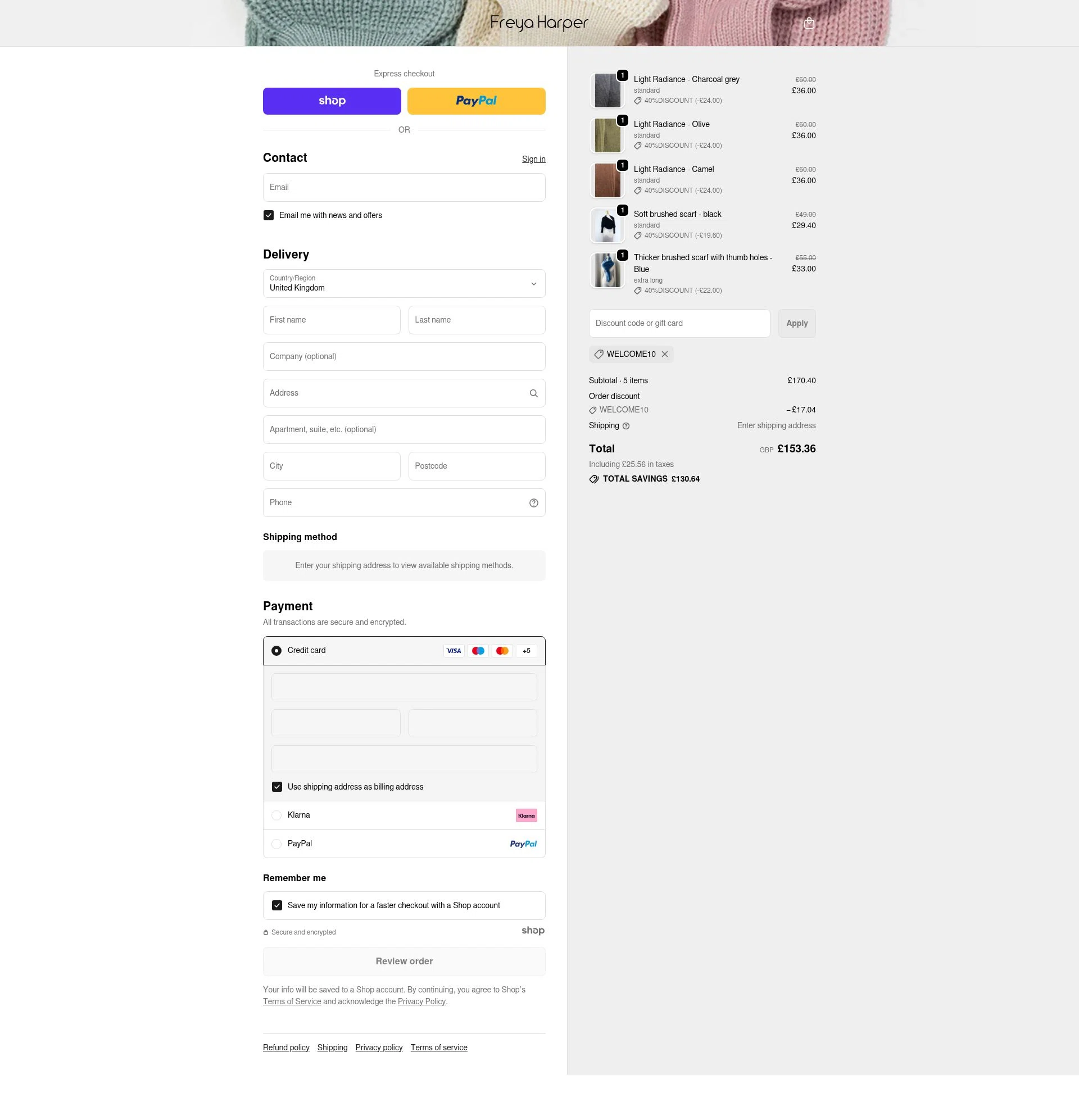 Freya Harper checkout page showing Freya Harper discount code box | Screenshot taken by SimplyCodes community member on Nov 19, 2025