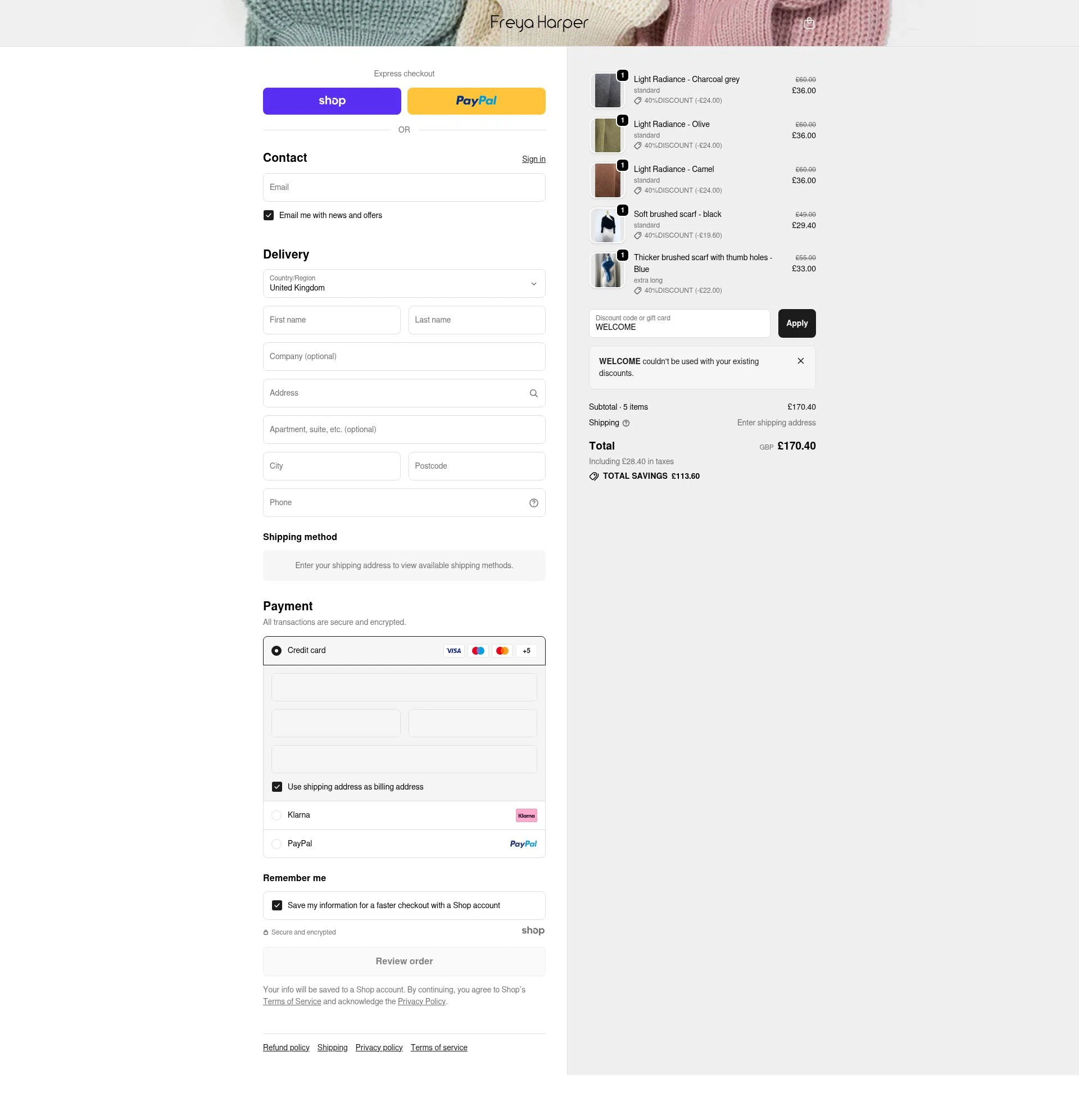 Freya Harper checkout page showing Freya Harper discount code box | Screenshot taken by SimplyCodes community member on Nov 19, 2025