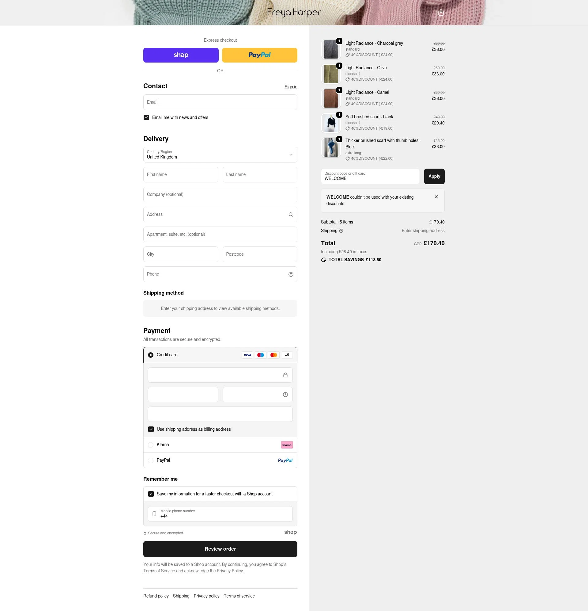 Freya Harper checkout page showing Freya Harper discount code box | Screenshot taken by SimplyCodes community member on Nov 14, 2025