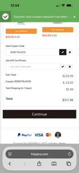 FREYARA coupon verification screenshot