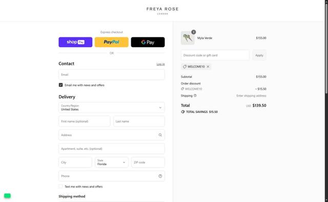 Freya Rose checkout page showing Freya Rose discount code box | Screenshot taken by SimplyCodes community member on Jul 18, 2025