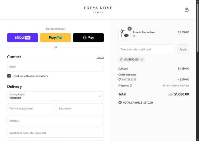 Freya Rose checkout page showing Freya Rose discount code box | Screenshot taken by SimplyCodes community member on Apr 20, 2025
