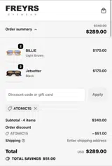 ATOMIC15 coupon verification screenshot