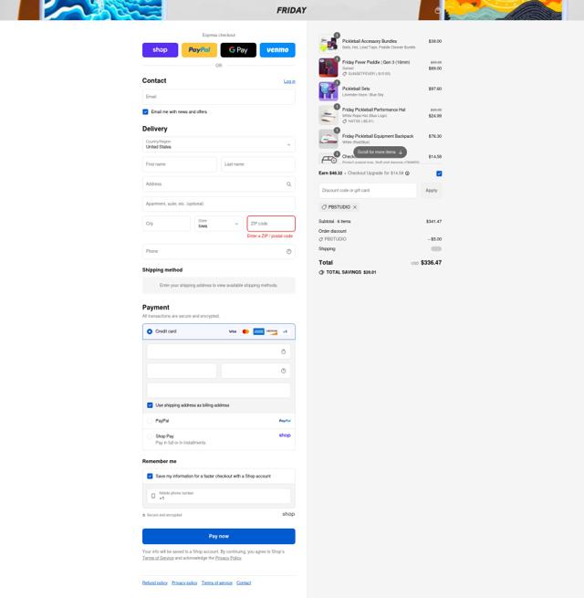 Friday Pickleball checkout page showing Friday Pickleball discount code box | Screenshot taken by SimplyCodes community member on Sep 7, 2025