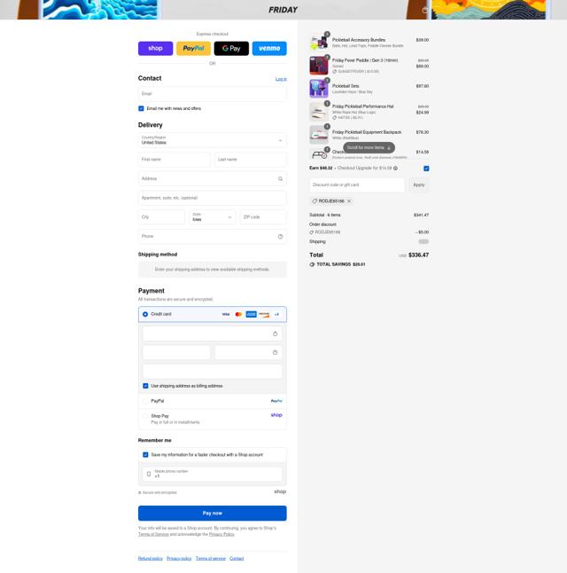 Friday Pickleball checkout page showing Friday Pickleball discount code box | Screenshot taken by SimplyCodes community member on Sep 7, 2025
