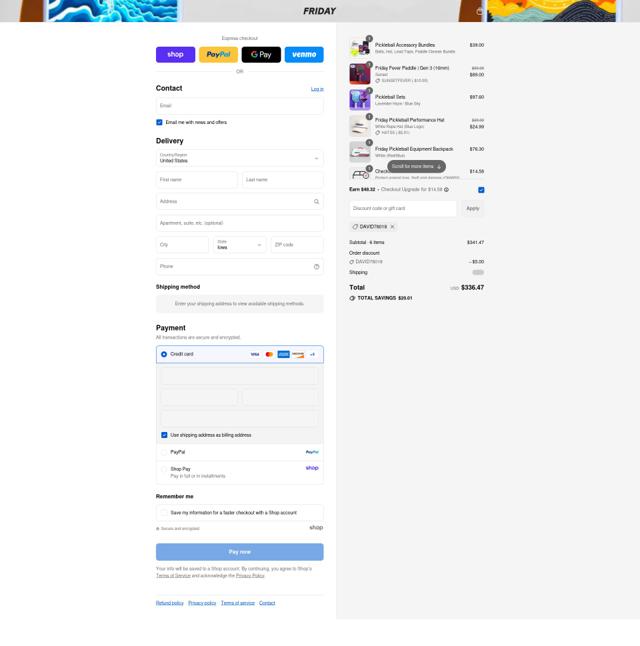 Friday Pickleball checkout page showing Friday Pickleball discount code box | Screenshot taken by SimplyCodes community member on Sep 7, 2025