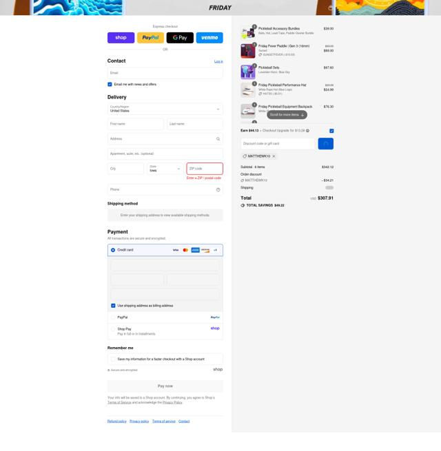 Friday Pickleball checkout page showing Friday Pickleball discount code box | Screenshot taken by SimplyCodes community member on Sep 7, 2025