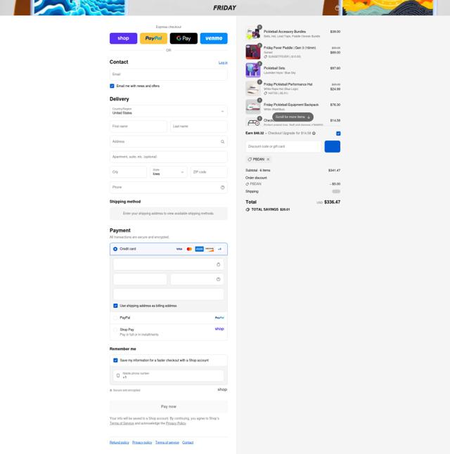 Friday Pickleball checkout page showing Friday Pickleball discount code box | Screenshot taken by SimplyCodes community member on Sep 7, 2025
