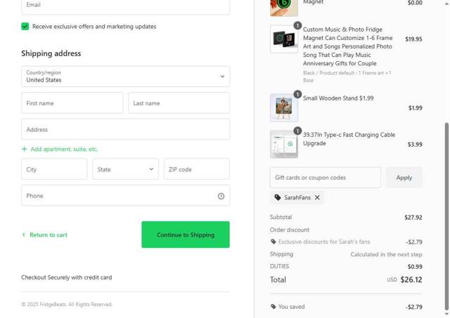 Fridgebeats checkout page showing Fridgebeats coupon code box | Screenshot taken by SimplyCodes community member on Sep 11, 2025