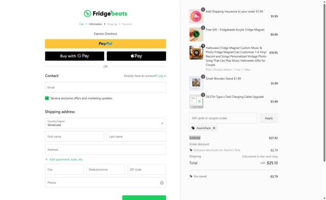 Fridgebeats checkout page showing Fridgebeats coupon code box | Screenshot taken by SimplyCodes community member on Sep 11, 2025
