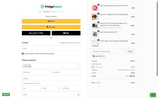 Fridgebeats checkout page showing Fridgebeats coupon code box | Screenshot taken by SimplyCodes community member on Sep 11, 2025