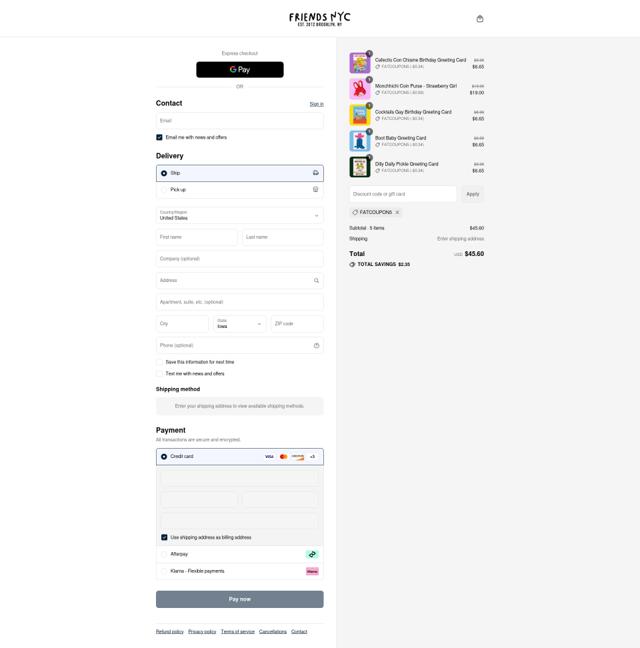 Friends NYC checkout page showing Friends NYC discount code box | Screenshot taken by SimplyCodes community member on Sep 12, 2025