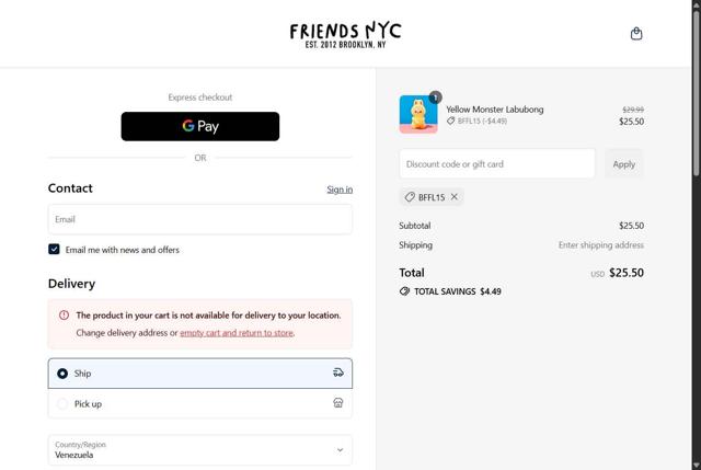Friends NYC checkout page showing Friends NYC discount code box | Screenshot taken by SimplyCodes community member on Sep 13, 2025
