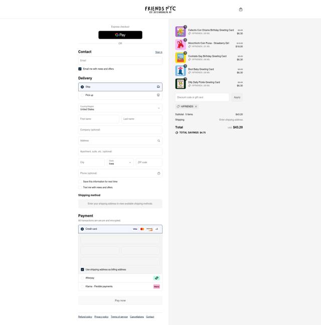 Friends NYC checkout page showing Friends NYC discount code box | Screenshot taken by SimplyCodes community member on Sep 12, 2025