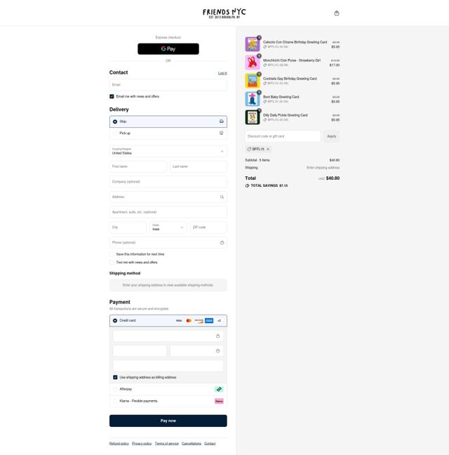 Friends NYC checkout page showing Friends NYC discount code box | Screenshot taken by SimplyCodes community member on Sep 8, 2025