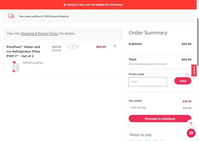 Frigidaire checkout page showing Frigidaire discount code box | Screenshot taken by SimplyCodes community member on Aug 12, 2025