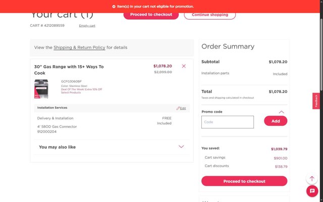 Frigidaire checkout page showing Frigidaire discount code box | Screenshot taken by SimplyCodes community member on Aug 22, 2025