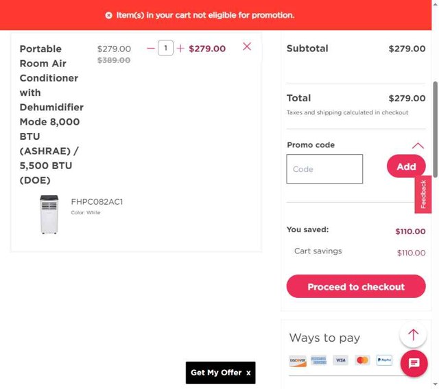 Frigidaire checkout page showing Frigidaire discount code box | Screenshot taken by SimplyCodes community member on Aug 5, 2025