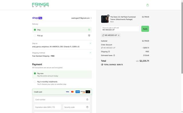 Fringe Sport checkout page showing Fringe Sport promo code box | Screenshot taken by SimplyCodes community member on Aug 23, 2025
