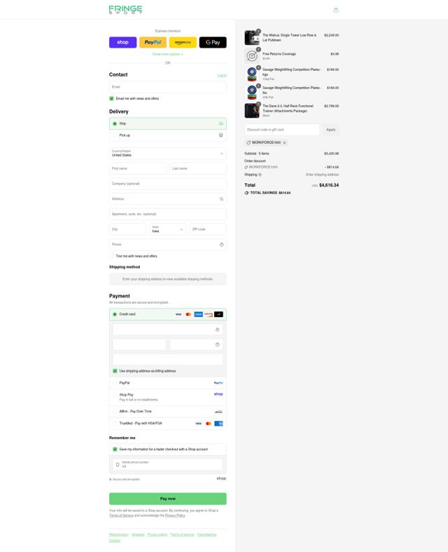 Fringe Sport checkout page showing Fringe Sport promo code box | Screenshot taken by SimplyCodes community member on Aug 29, 2025