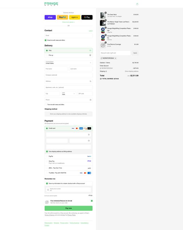 Fringe Sport checkout page showing Fringe Sport promo code box | Screenshot taken by SimplyCodes community member on Sep 2, 2025