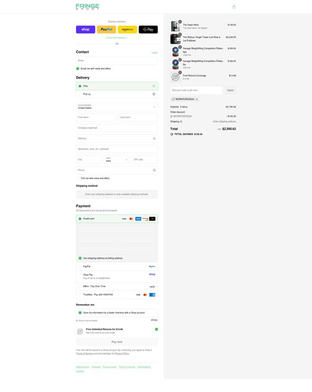 Fringe Sport checkout page showing Fringe Sport promo code box | Screenshot taken by SimplyCodes community member on Sep 6, 2025