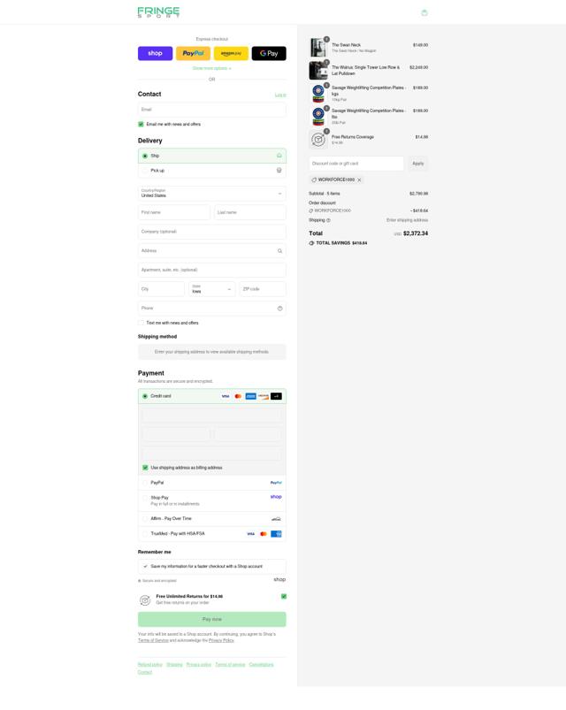 Fringe Sport checkout page showing Fringe Sport promo code box | Screenshot taken by SimplyCodes community member on Sep 6, 2025