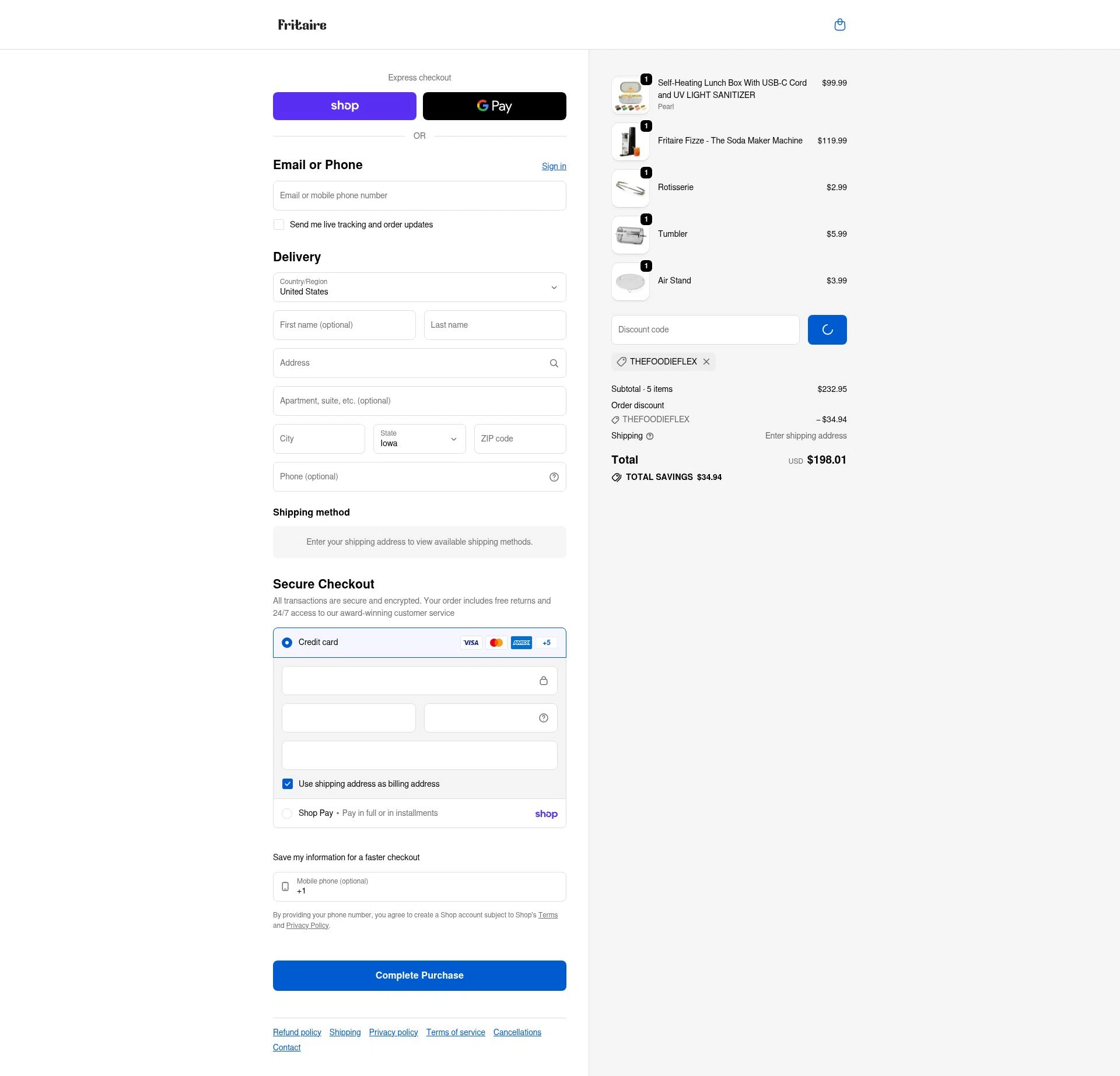 Fritaire checkout page showing Fritaire discount code box | Screenshot taken by SimplyCodes community member on Feb 24, 2026