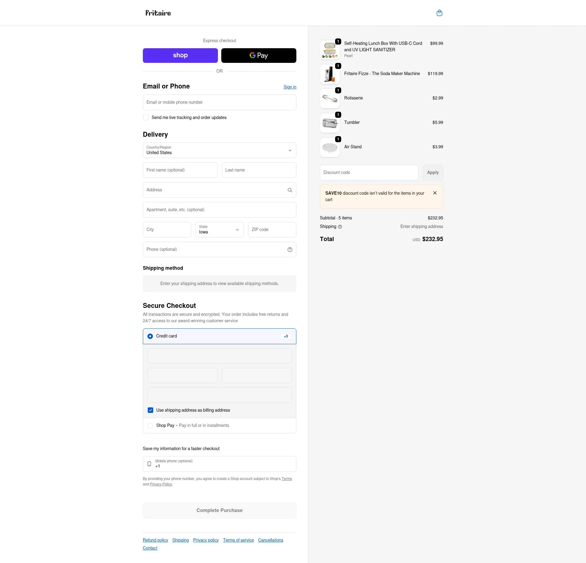 Fritaire checkout page showing Fritaire discount code box | Screenshot taken by SimplyCodes community member on Feb 24, 2026
