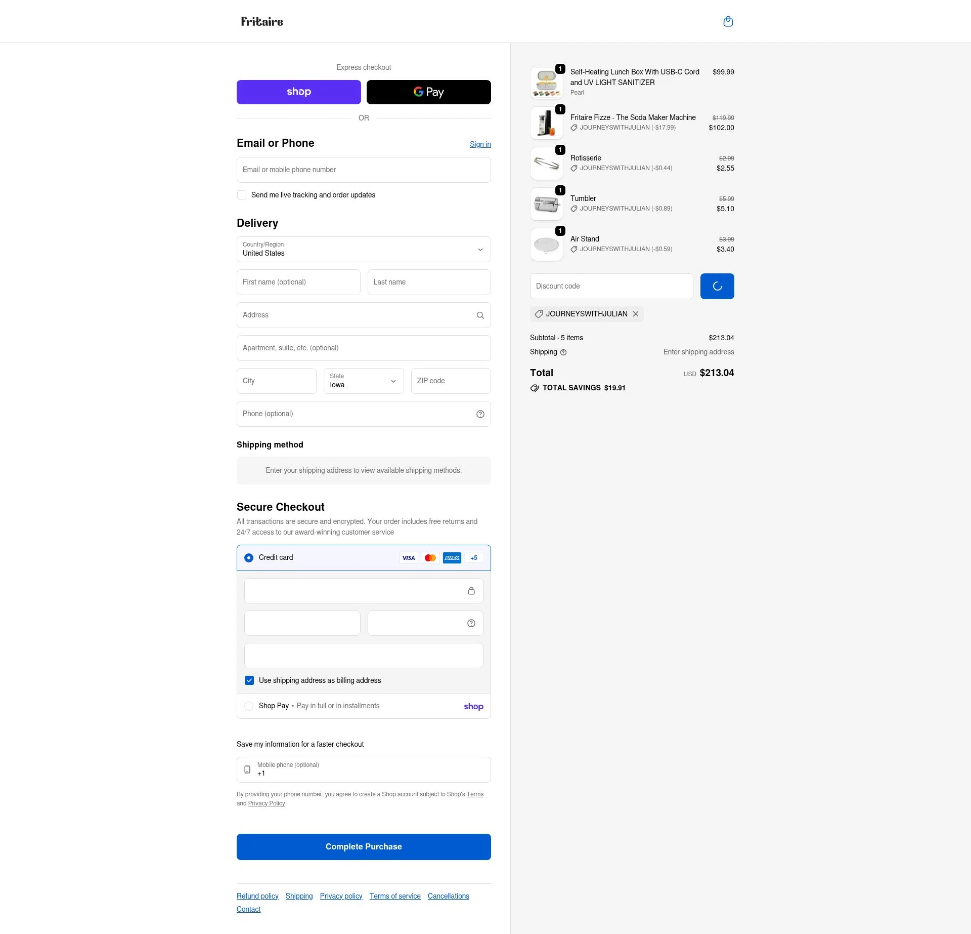 Fritaire checkout page showing Fritaire discount code box | Screenshot taken by SimplyCodes community member on Feb 24, 2026