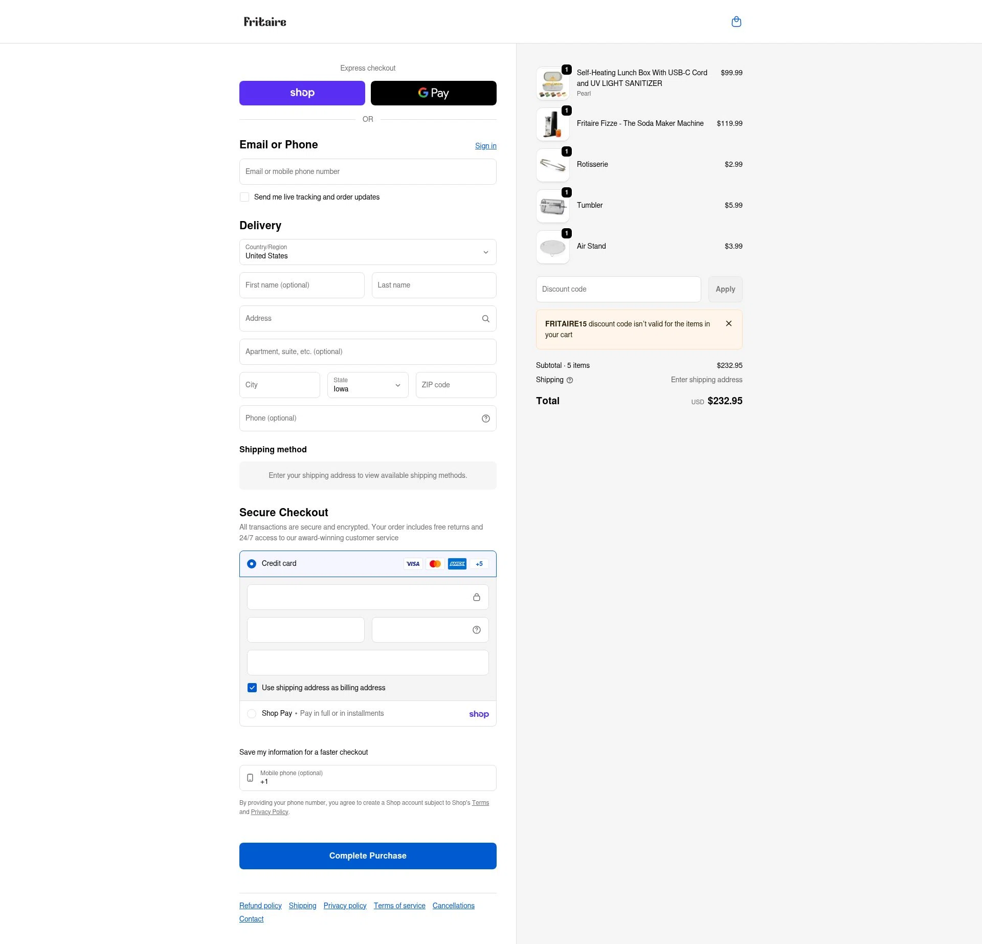 Fritaire checkout page showing Fritaire discount code box | Screenshot taken by SimplyCodes community member on Feb 24, 2026