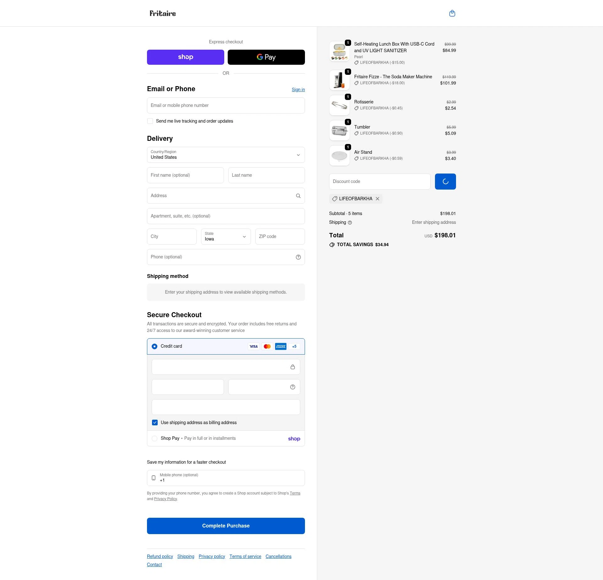 Fritaire checkout page showing Fritaire discount code box | Screenshot taken by SimplyCodes community member on Feb 24, 2026