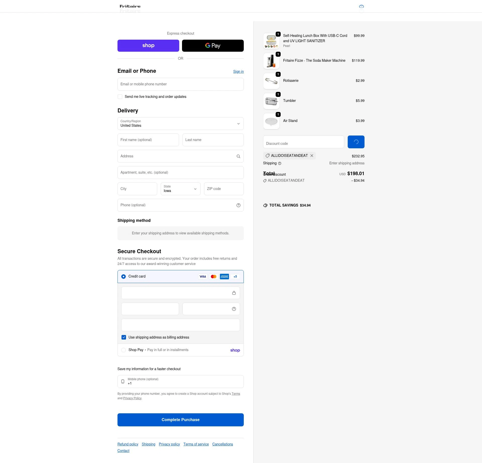 Fritaire checkout page showing Fritaire discount code box | Screenshot taken by SimplyCodes community member on Feb 24, 2026