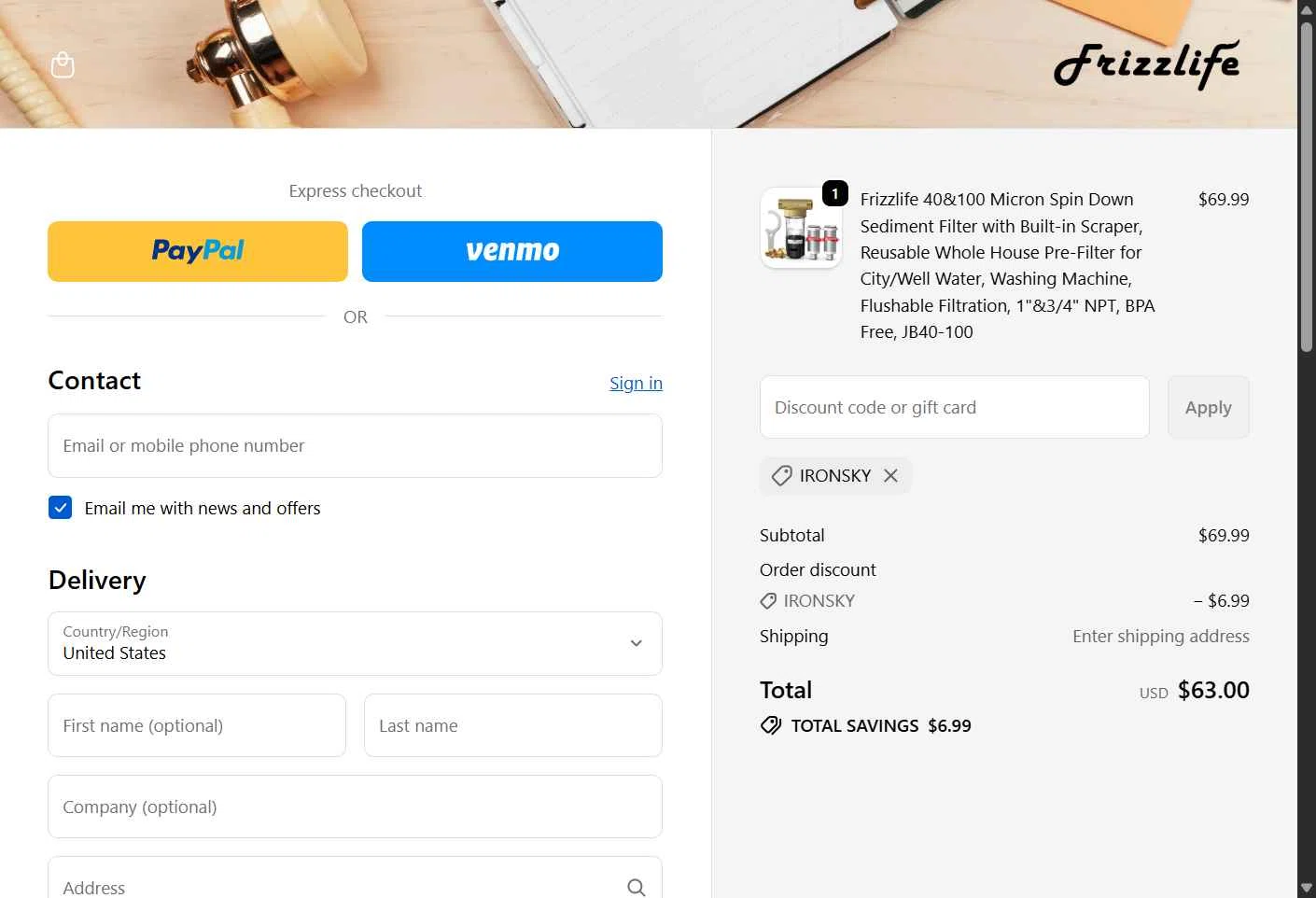 Frizzlife checkout page showing Frizzlife discount code box | Screenshot taken by SimplyCodes community member on Feb 5, 2026