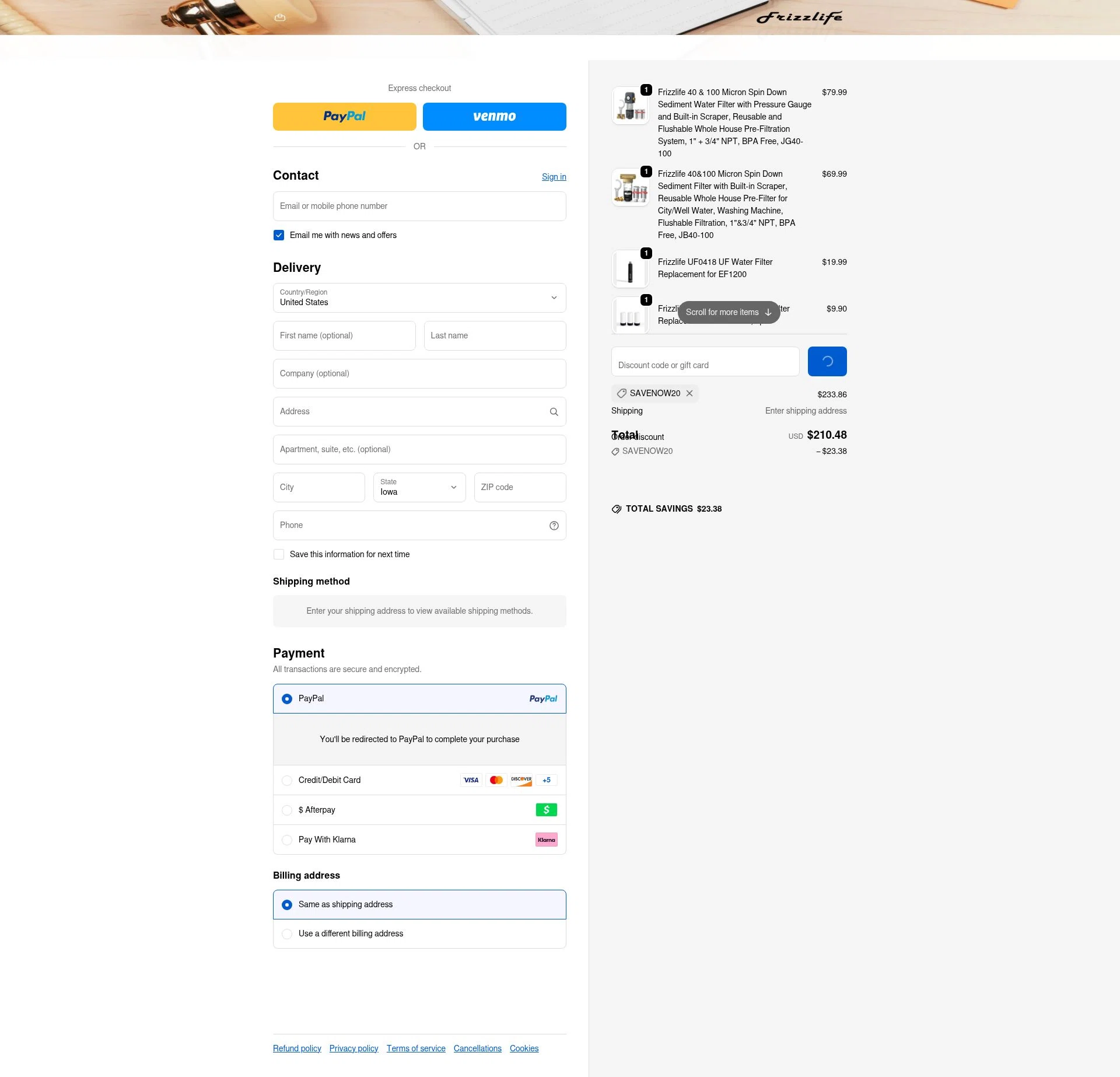 Frizzlife checkout page showing Frizzlife discount code box | Screenshot taken by SimplyCodes community member on Feb 3, 2026