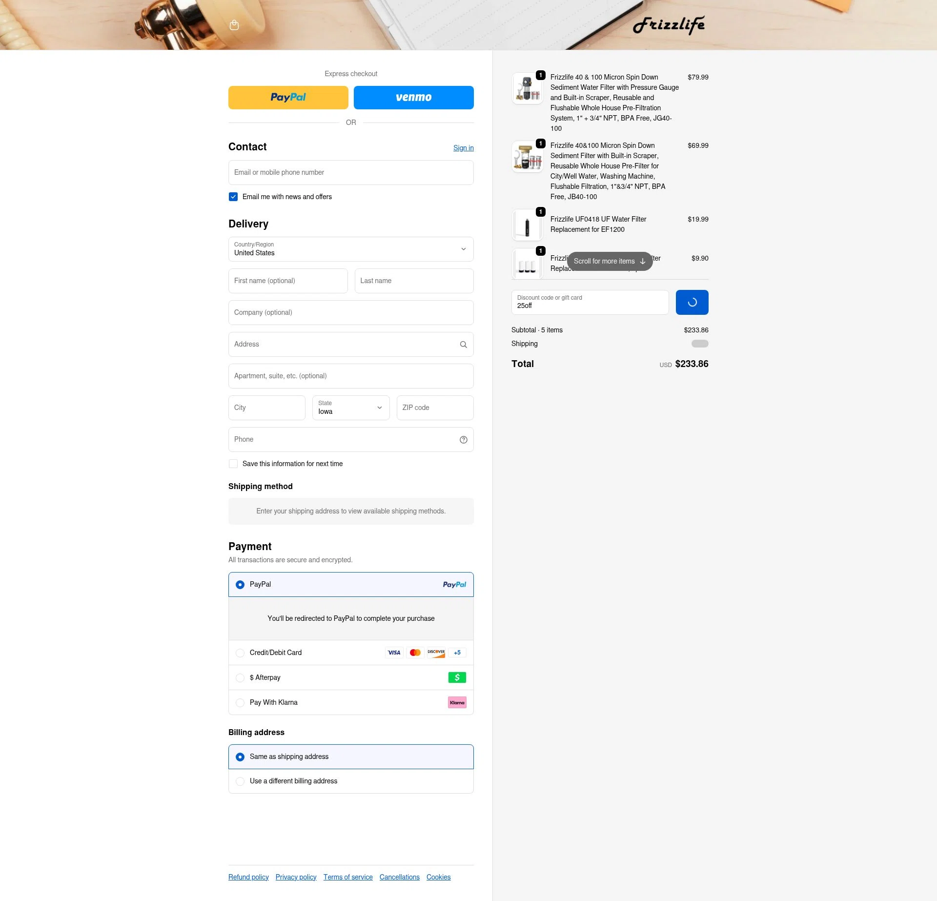Frizzlife checkout page showing Frizzlife discount code box | Screenshot taken by SimplyCodes community member on Feb 3, 2026