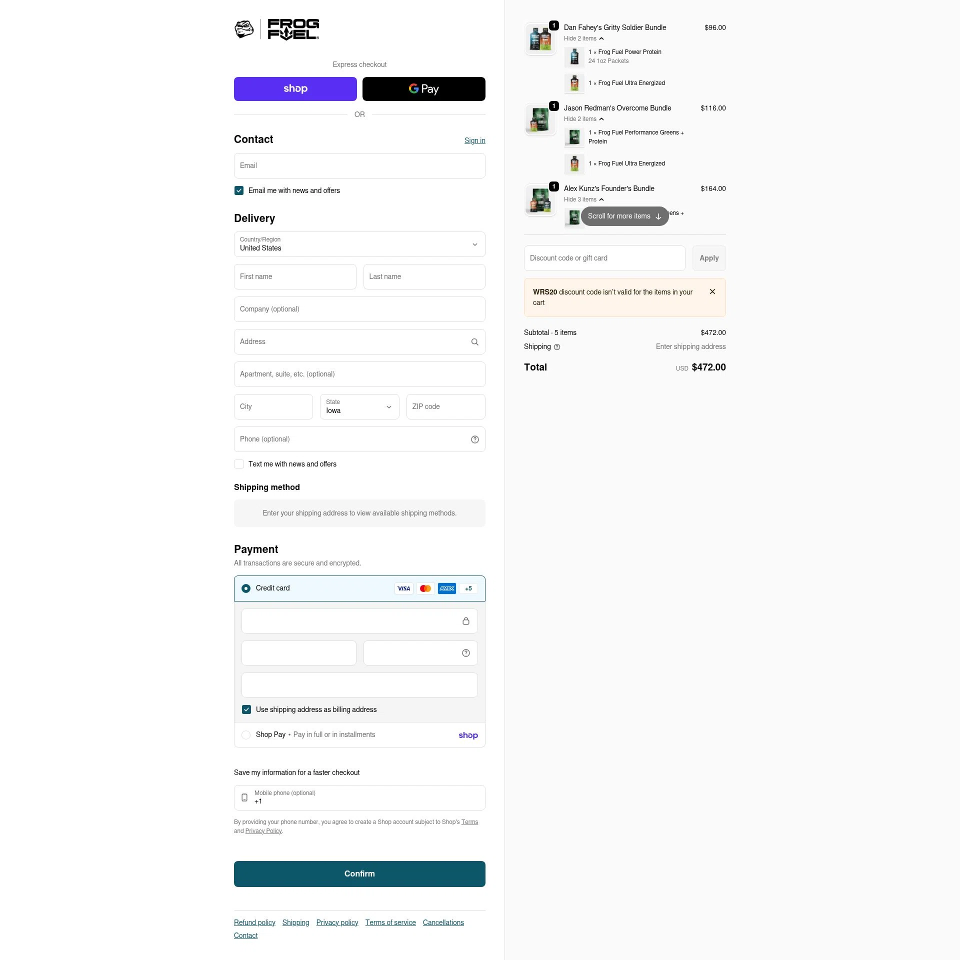 FrogFuel checkout page showing FrogFuel discount code box | Screenshot taken by SimplyCodes community member on Feb 11, 2026