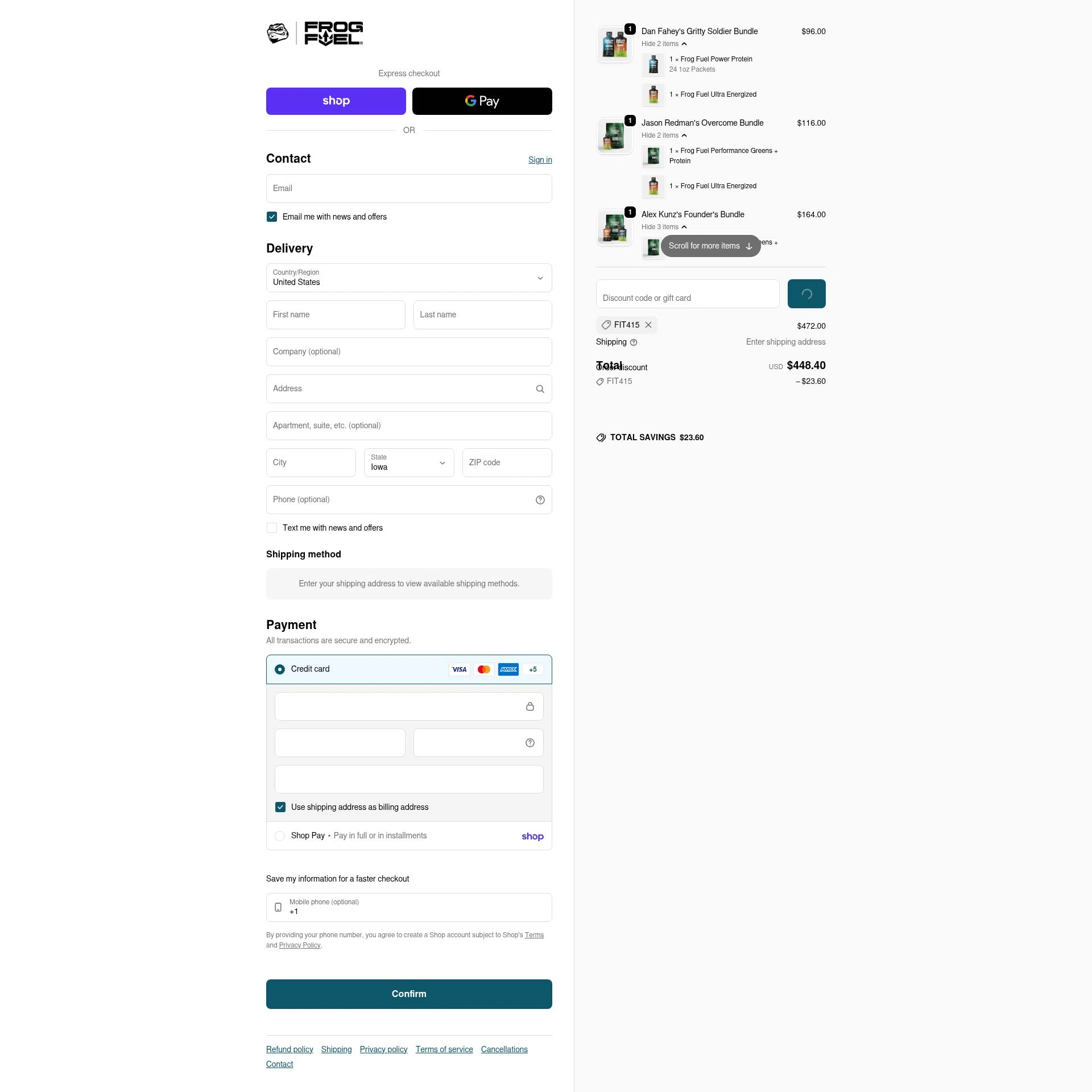 FrogFuel checkout page showing FrogFuel discount code box | Screenshot taken by SimplyCodes community member on Feb 11, 2026