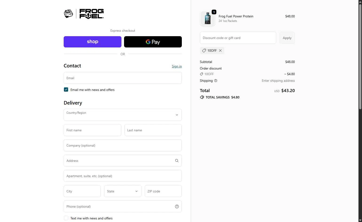 FrogFuel checkout page showing FrogFuel discount code box | Screenshot taken by SimplyCodes community member on Feb 11, 2026