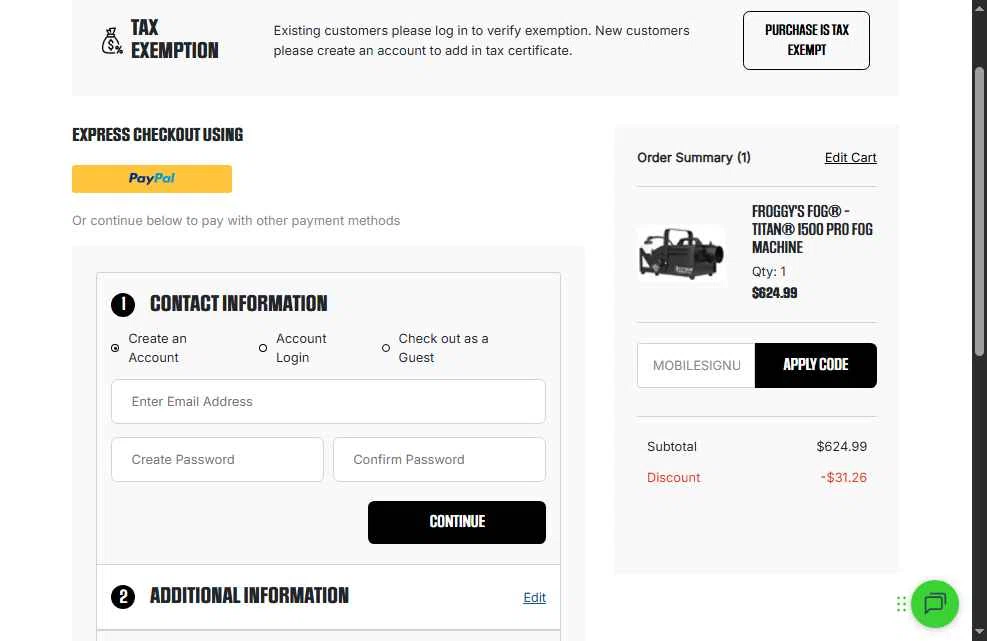 Froggys Fog checkout page showing Froggys Fog discount code box | Screenshot taken by SimplyCodes community member on Oct 2, 2025