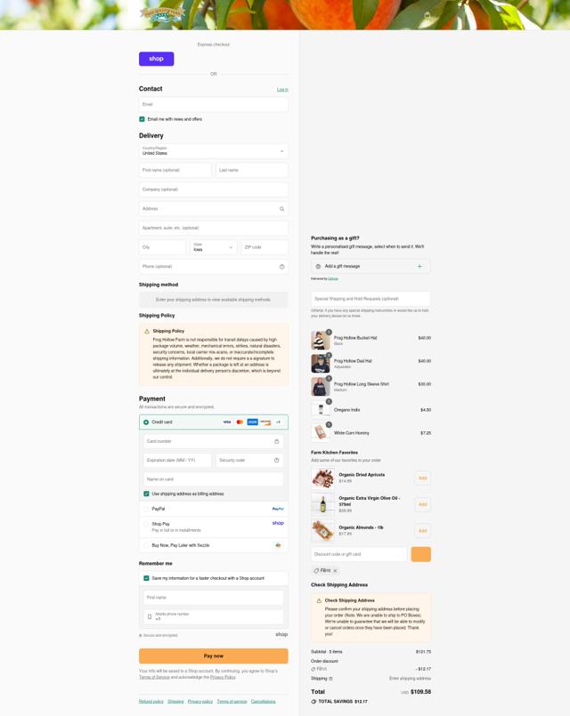 Frog Hollow Farm checkout page showing Frog Hollow Farm discount code box | Screenshot taken by SimplyCodes community member on Sep 7, 2025