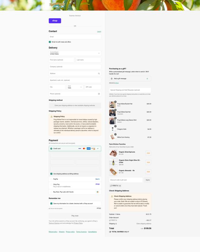 Frog Hollow Farm checkout page showing Frog Hollow Farm discount code box | Screenshot taken by SimplyCodes community member on Sep 7, 2025