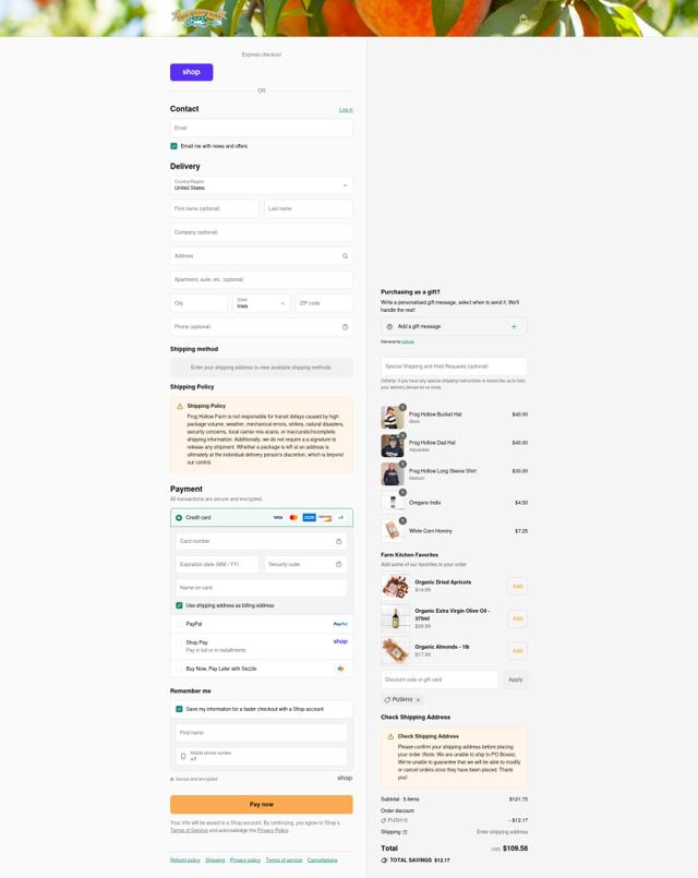 Frog Hollow Farm checkout page showing Frog Hollow Farm discount code box | Screenshot taken by SimplyCodes community member on Sep 7, 2025