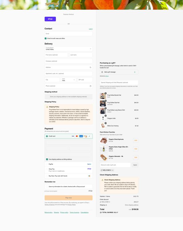 Frog Hollow Farm checkout page showing Frog Hollow Farm discount code box | Screenshot taken by SimplyCodes community member on Sep 7, 2025