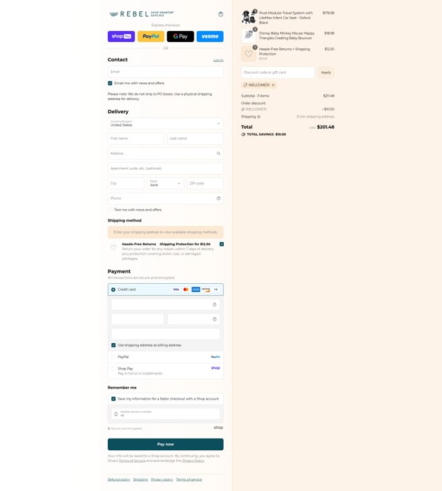 REBEL checkout page showing REBEL discount code box | Screenshot taken by SimplyCodes community member on Aug 16, 2025
